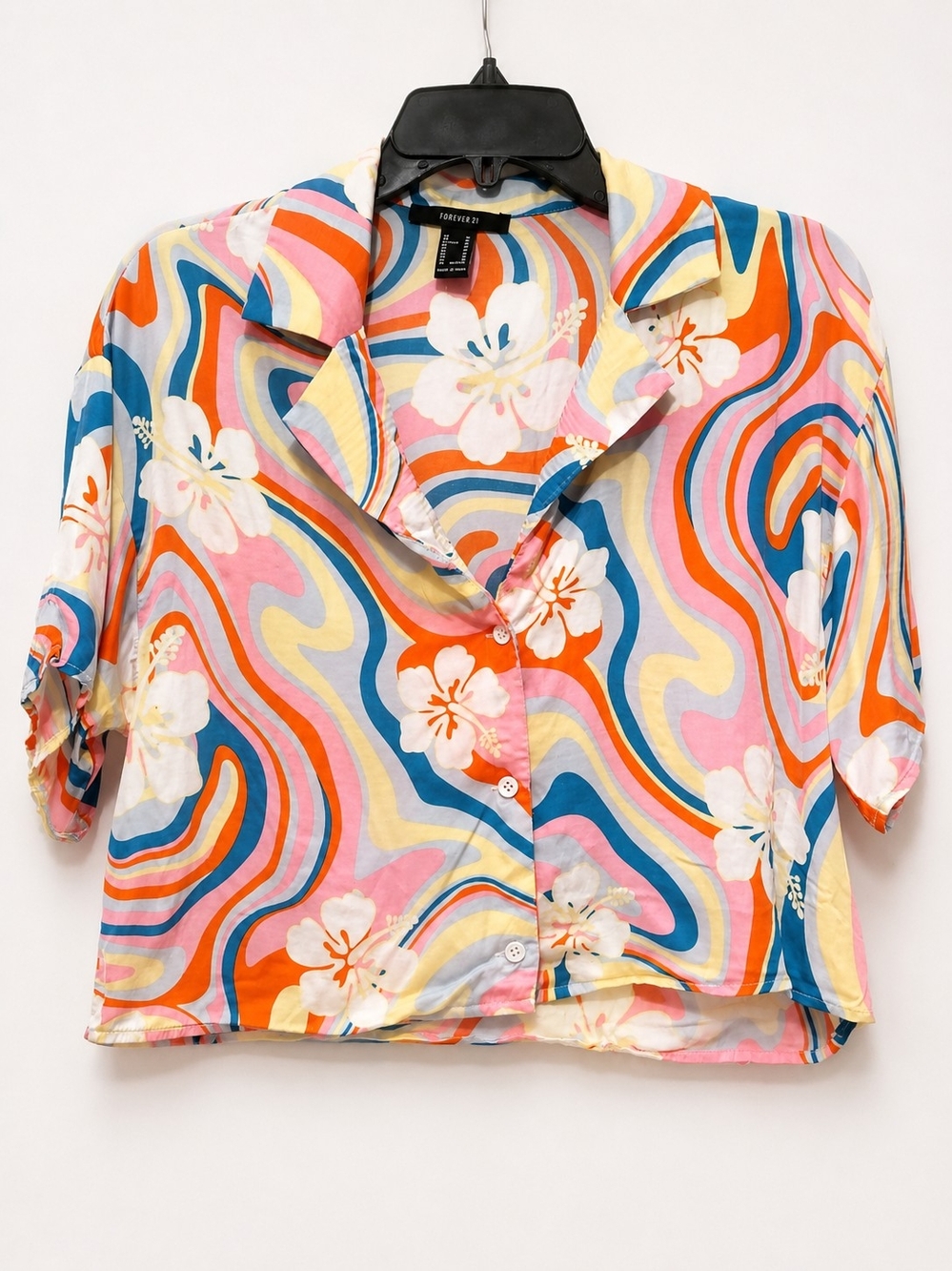 Retro Tropical Hibiscus Psychedelic Print Button Front Blouse